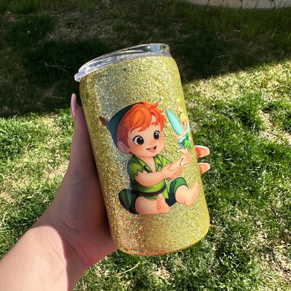 Hand Crafted Gold Glitter Tumbler with Peter Pan Design